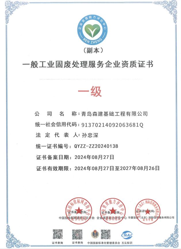 一般工業(yè)固廢處理服務企業(yè)資質證書